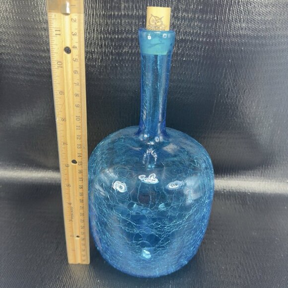 Blenko Blue Crackle Glass Bottle Decanter Vase Hand Blown Manganese 365nm Glow - Picture 8 of 16